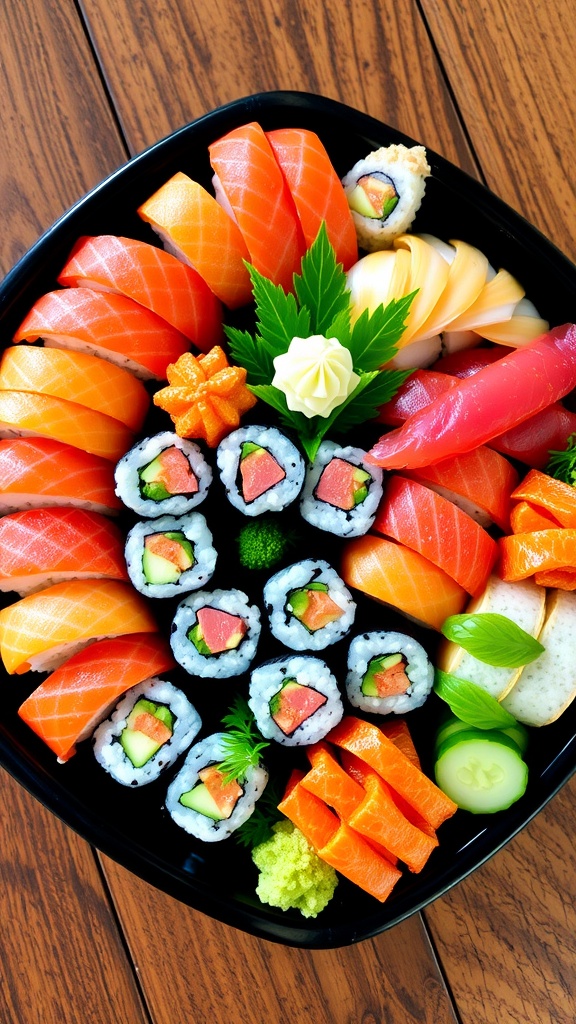 A beautifully arranged sushi platter with assorted rolls and sashimi, garnished with wasabi and pickled ginger.